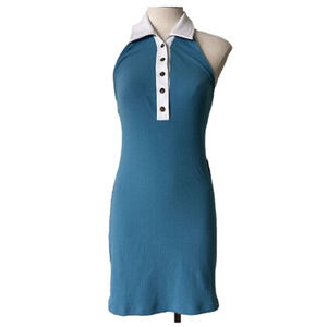 Urban Outfitters Dalton Collared Mini Dress Blue Ribbed Large Halter Top NWT